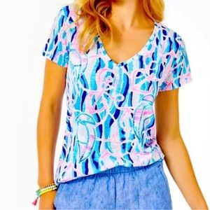Lilly Pulitzer Etta V-Neck Short Sleeve Tee XXL.  Skim Blue Real Nauti